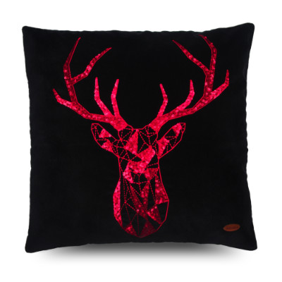 Pullu Geyik Motif İşlemeli Siyah Kadife Kare Kırlent Kılıfı