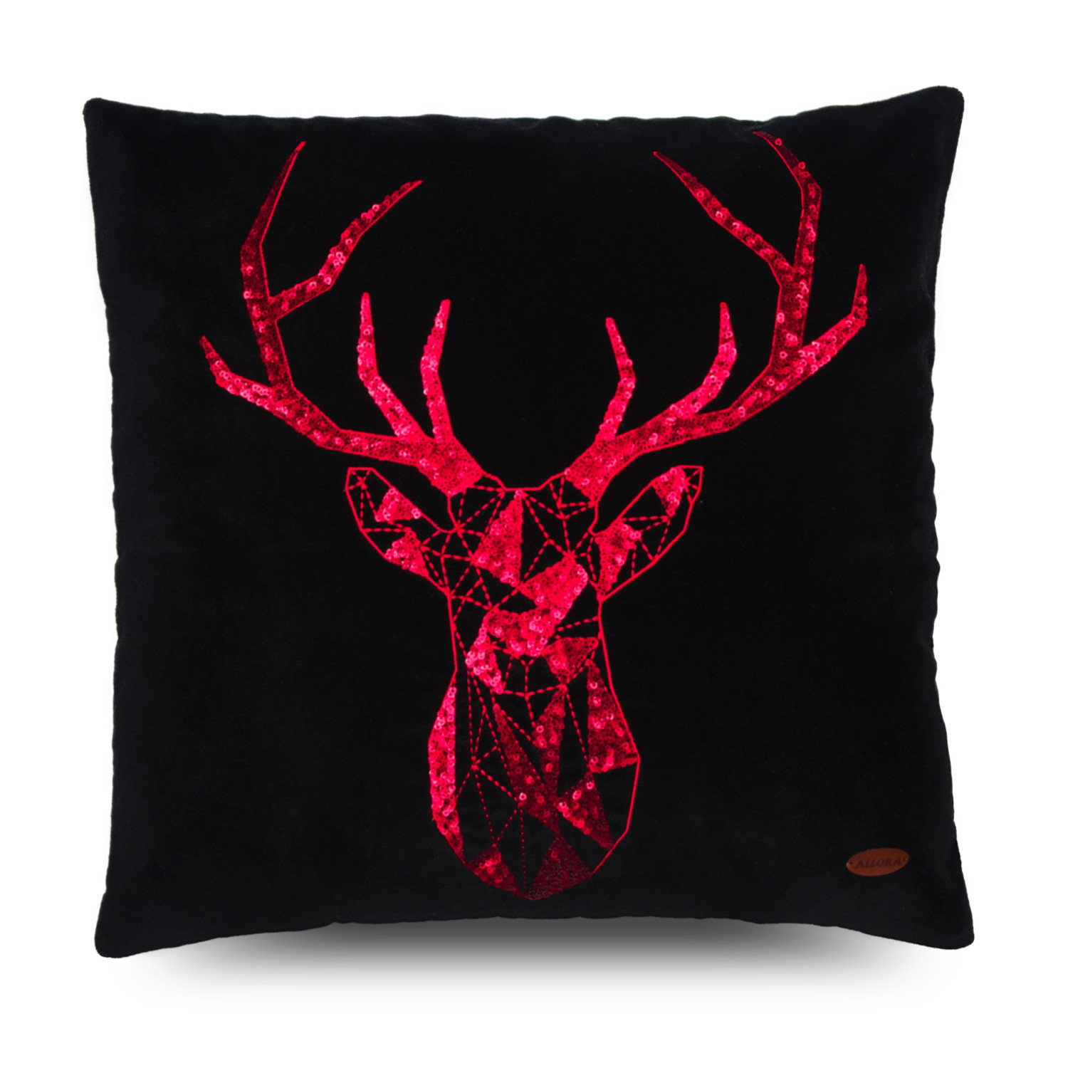 Pullu Geyik Motif İşlemeli Siyah Kadife Kare Kırlent Kılıfı