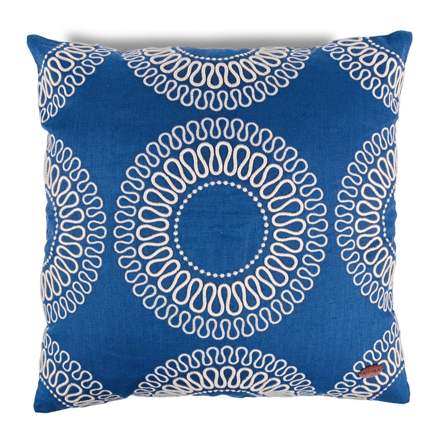 Bej Dalgalı Daire Nakışlı Saks Mavi Kare Kırlent Kılıfı