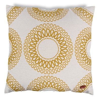 Sarı Dalgalı Daire Nakışlı Kare Kırlent Kılıfı