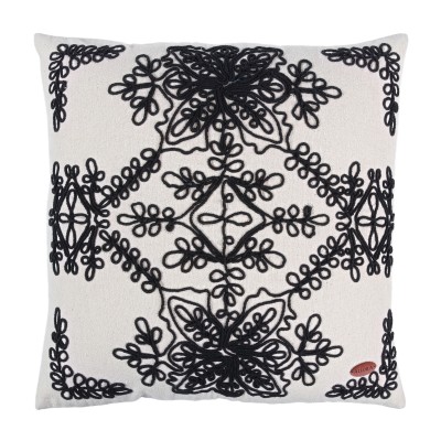 Siyah Kordone Nakışlı Kare Keten Kırlent Kılıfı