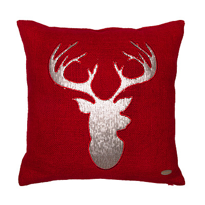 Yılbaşı Temalı Pullu Geyik Motifli Aplike Nakışlı Kırmızı Kırlent Kılıfı