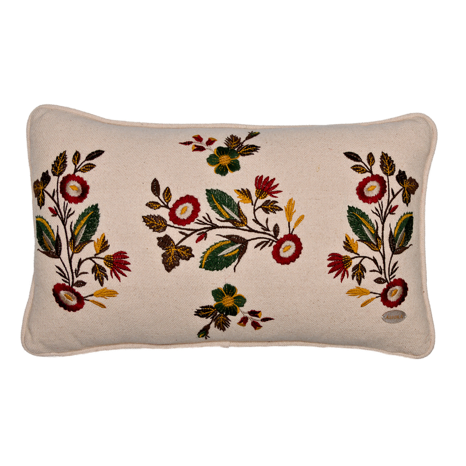 Keten Kumaş Üzeri Çiçek Motifi Nakışlı Kırlent Kılıfı