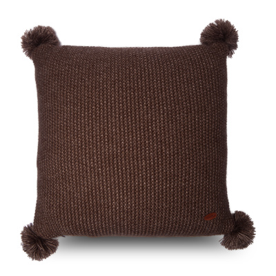 Örme Triko Kumaş Yanları Ponponlu Koyu Kahve Kare Kırlent Kılıfı