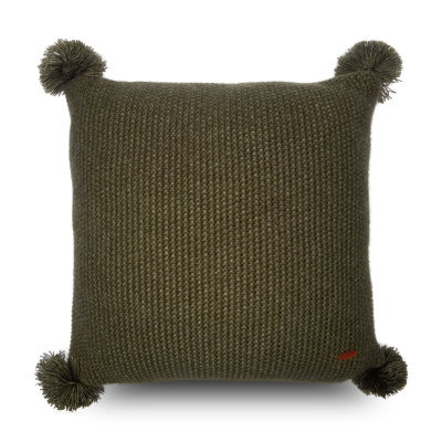 Örme Triko Kumaş Yanları Ponponlu Haki Kare Kırlent Kılıfı