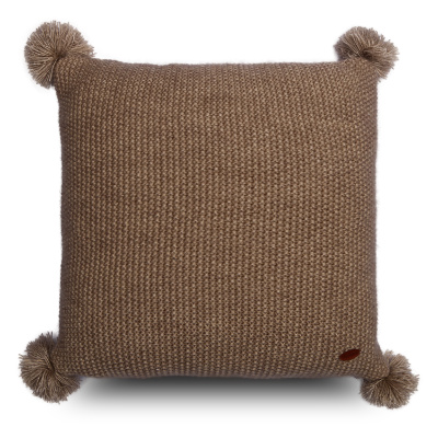 Örme Triko Kumaş Yanları Ponponlu Kahve Kare Kırlent Kılıfı